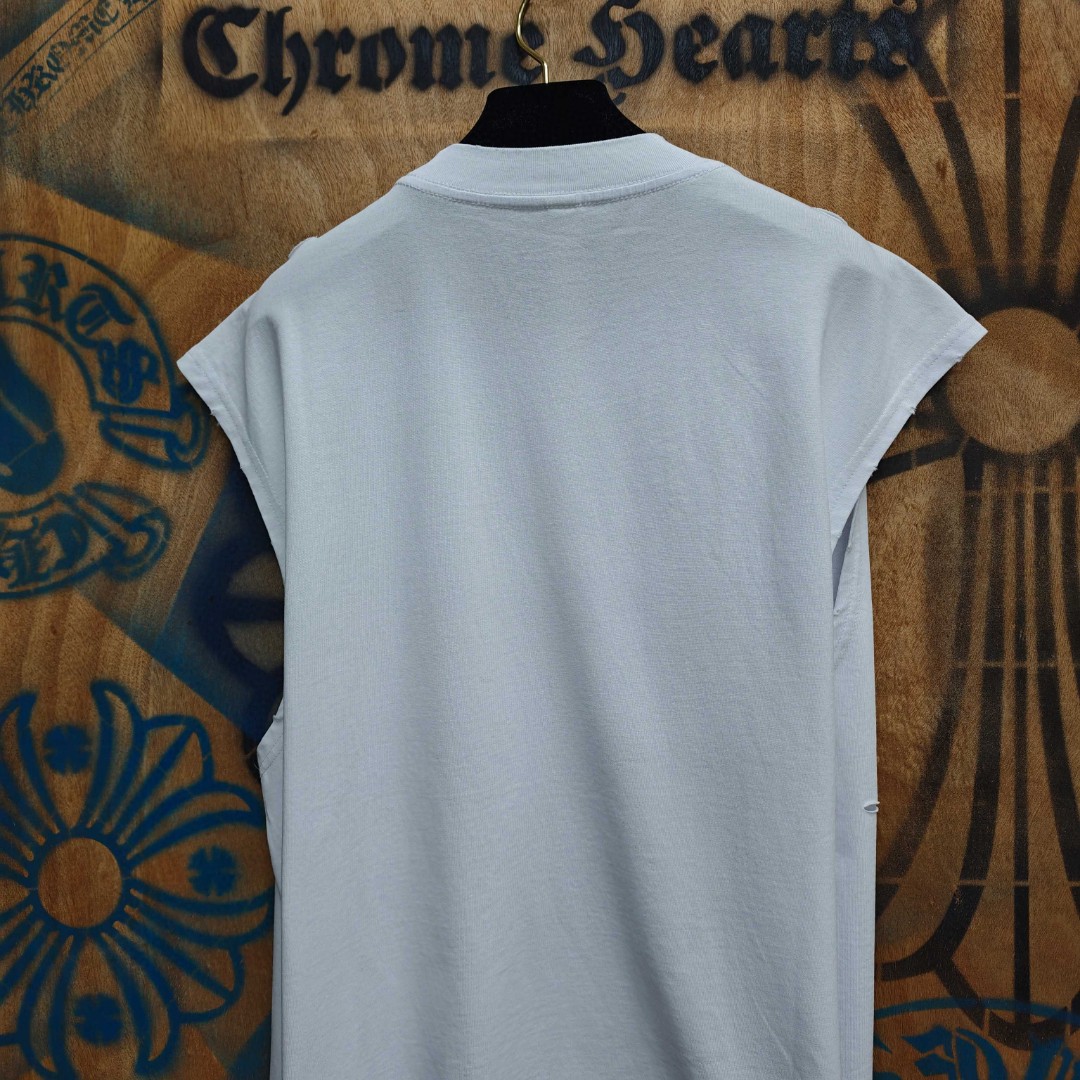 Chrome Hearts 克罗心 做旧破洞五金绣花圆领背心 短袖 T恤 白色 黑色 A0