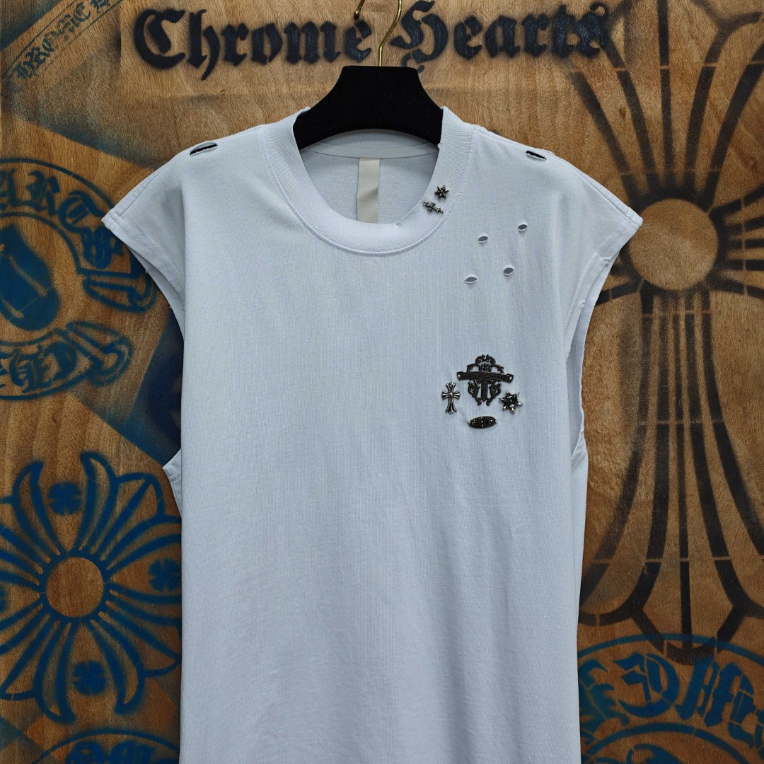 Chrome Hearts 克罗心 做旧破洞五金绣花圆领背心 短袖 T恤 白色 黑色 A0