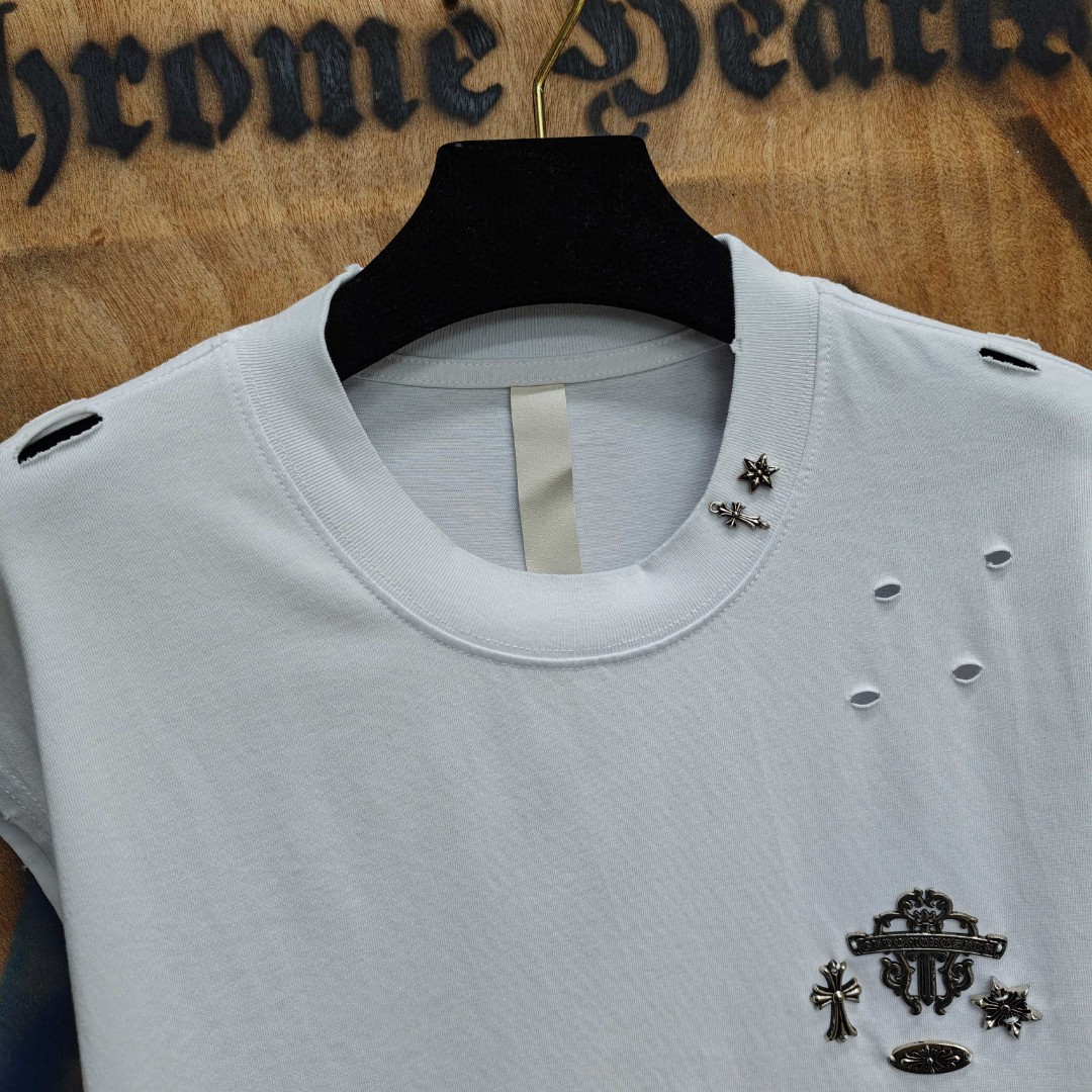 Chrome Hearts 克罗心 做旧破洞五金绣花圆领背心 短袖 T恤 白色 黑色 A0