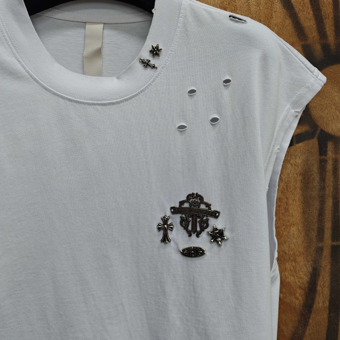 Chrome Hearts 克罗心 做旧破洞五金绣花圆领背心 短袖 T恤 白色 黑色 A0