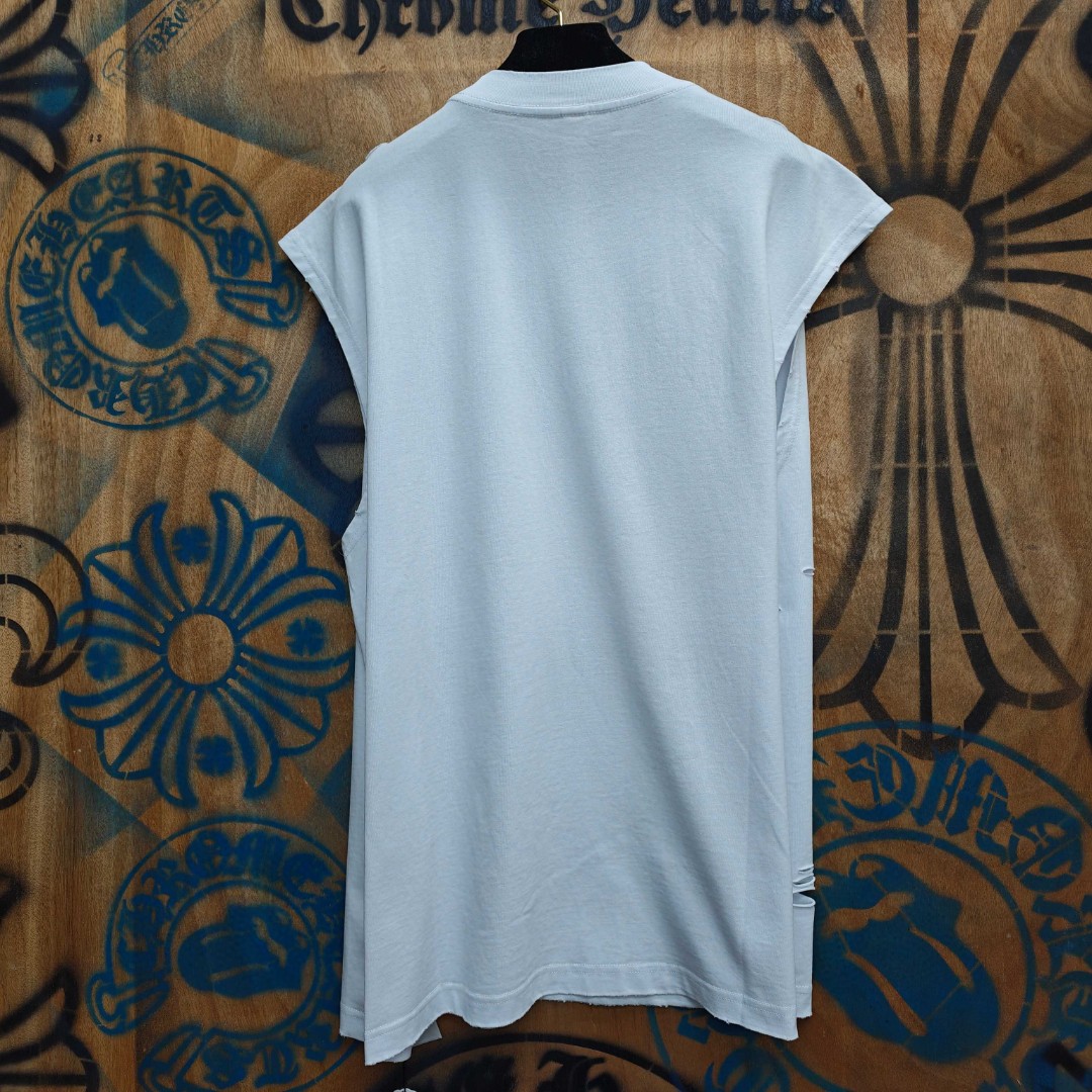 Chrome Hearts 克罗心 做旧破洞五金绣花圆领背心 短袖 T恤 白色 黑色 A0