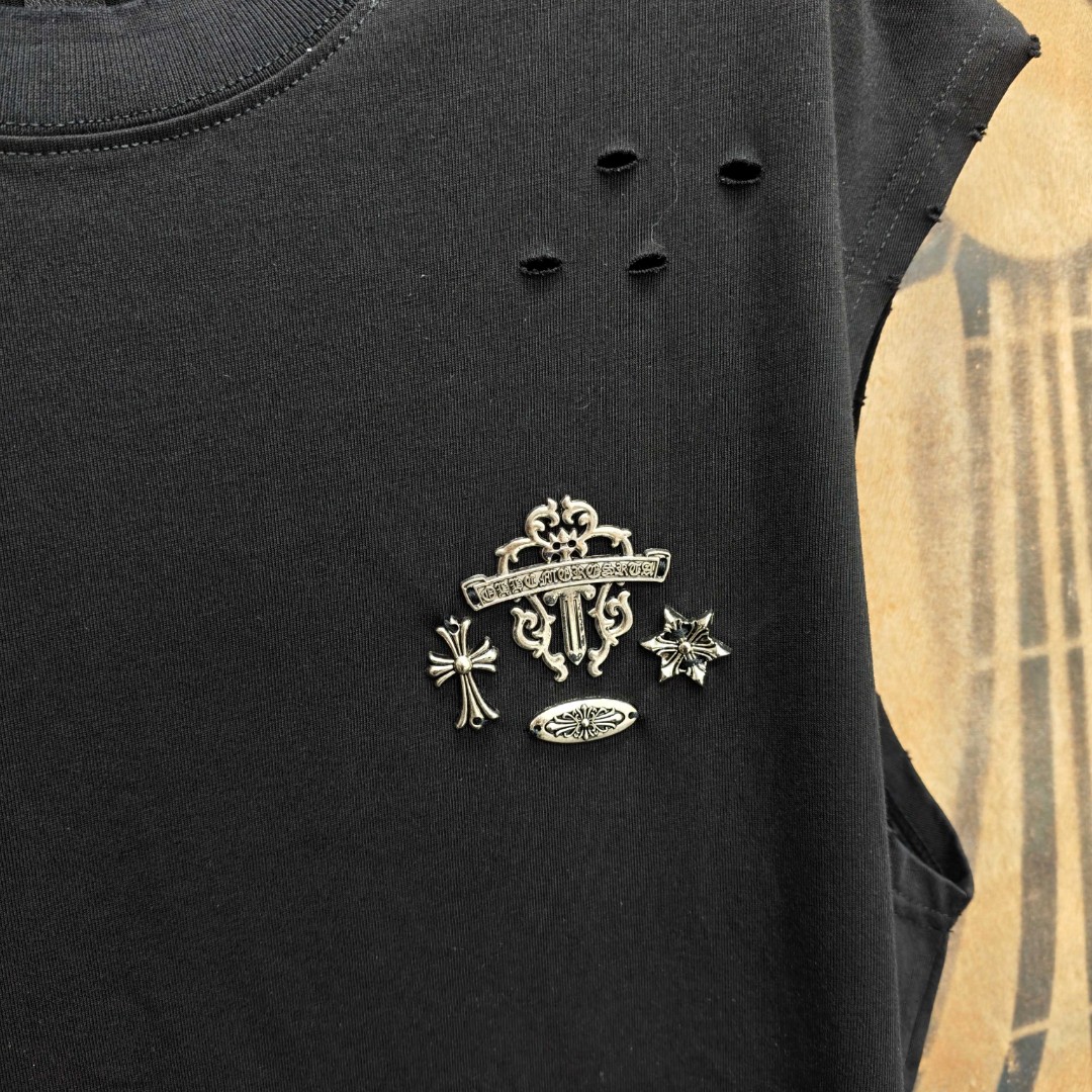 Chrome Hearts 克罗心 做旧破洞五金绣花圆领背心 短袖 T恤 白色 黑色 A0