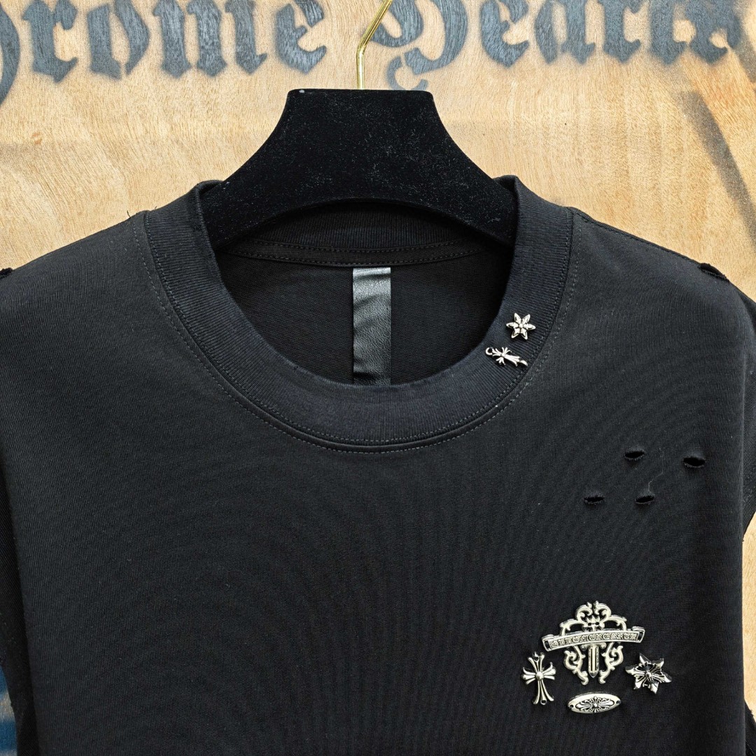 Chrome Hearts 克罗心 做旧破洞五金绣花圆领背心 短袖 T恤 白色 黑色 A0