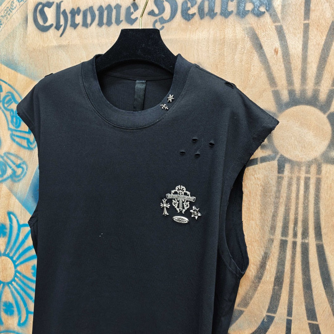 Chrome Hearts 克罗心 做旧破洞五金绣花圆领背心 短袖 T恤 白色 黑色 A0