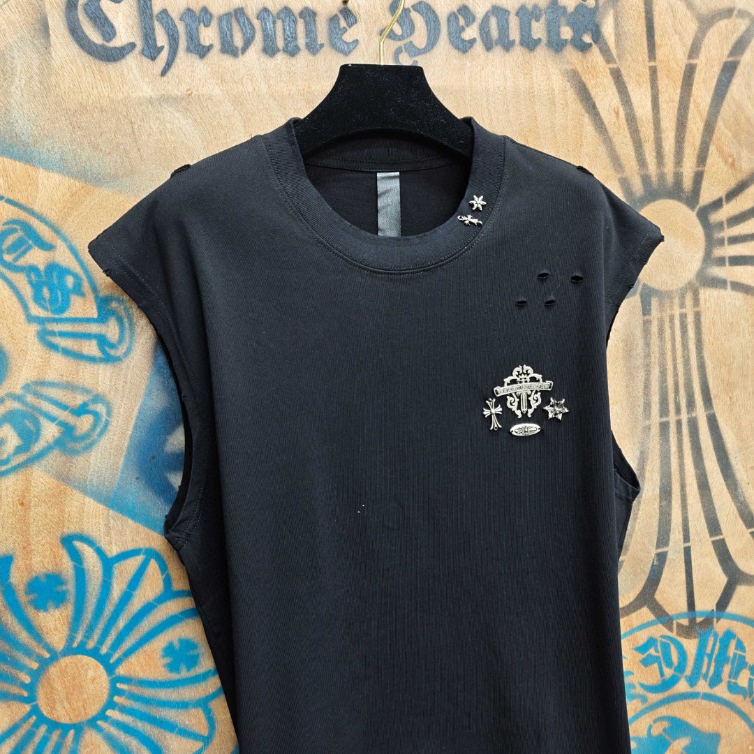 Chrome Hearts 克罗心 做旧破洞五金绣花圆领背心 短袖 T恤 白色 黑色 A0