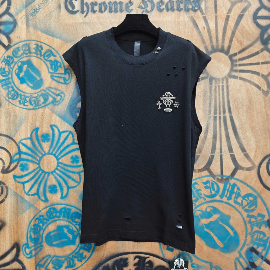 Chrome Hearts 克罗心 做旧破洞五金绣花圆领背心 短袖 T恤 白色 黑色 A0