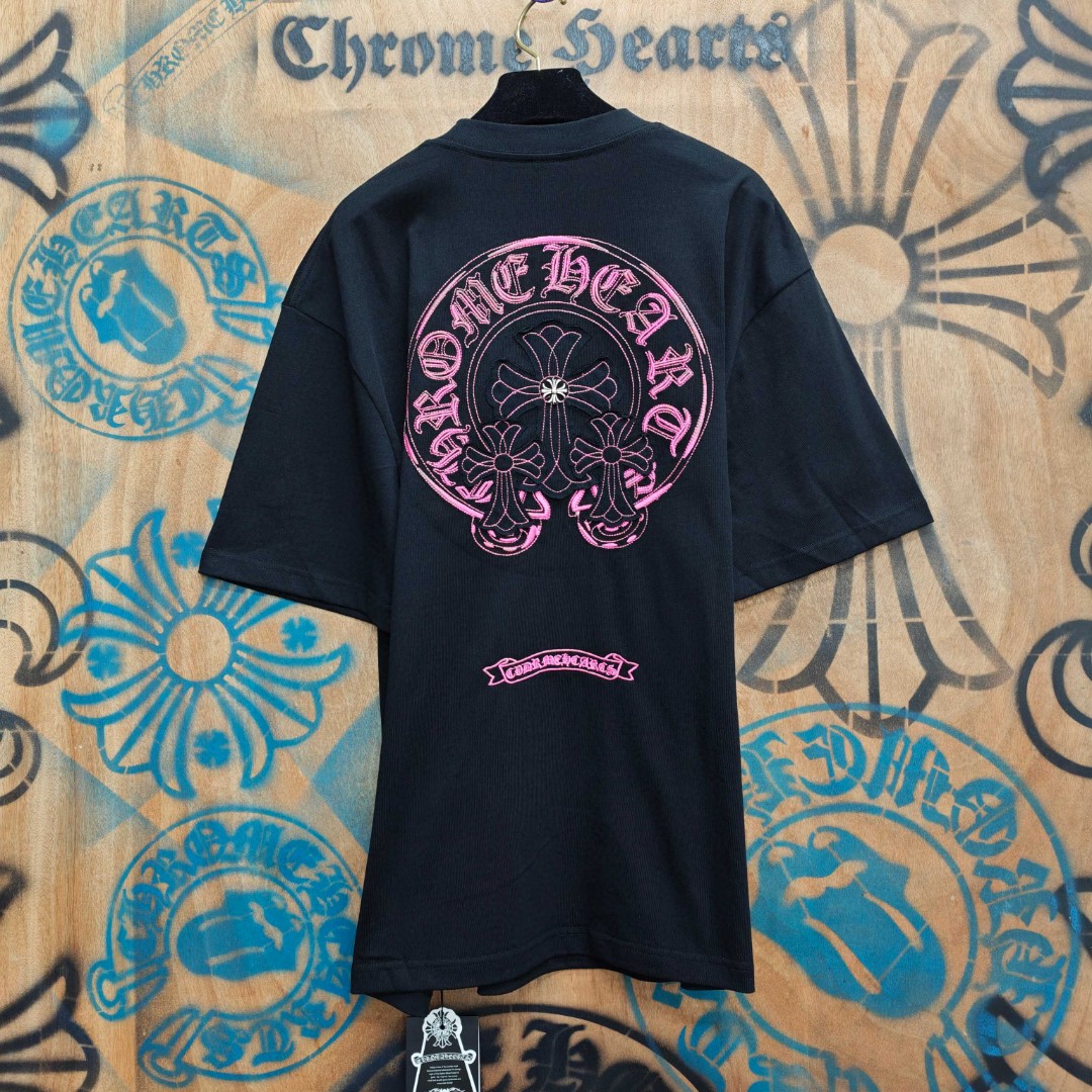 Chrome Hearts 克罗心 粉色马蹄立体绣花圆领短袖 T恤 白色 黑色 A0