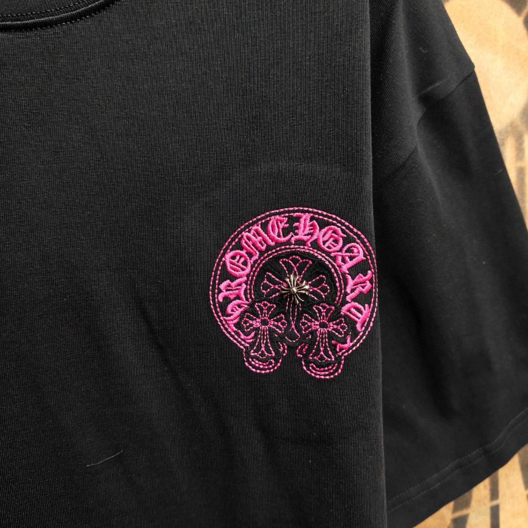 Chrome Hearts 克罗心 粉色马蹄立体绣花圆领短袖 T恤 白色 黑色 A0