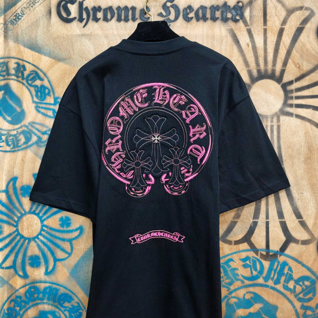 Chrome Hearts 克罗心 粉色马蹄立体绣花圆领短袖 T恤 白色 黑色 A0