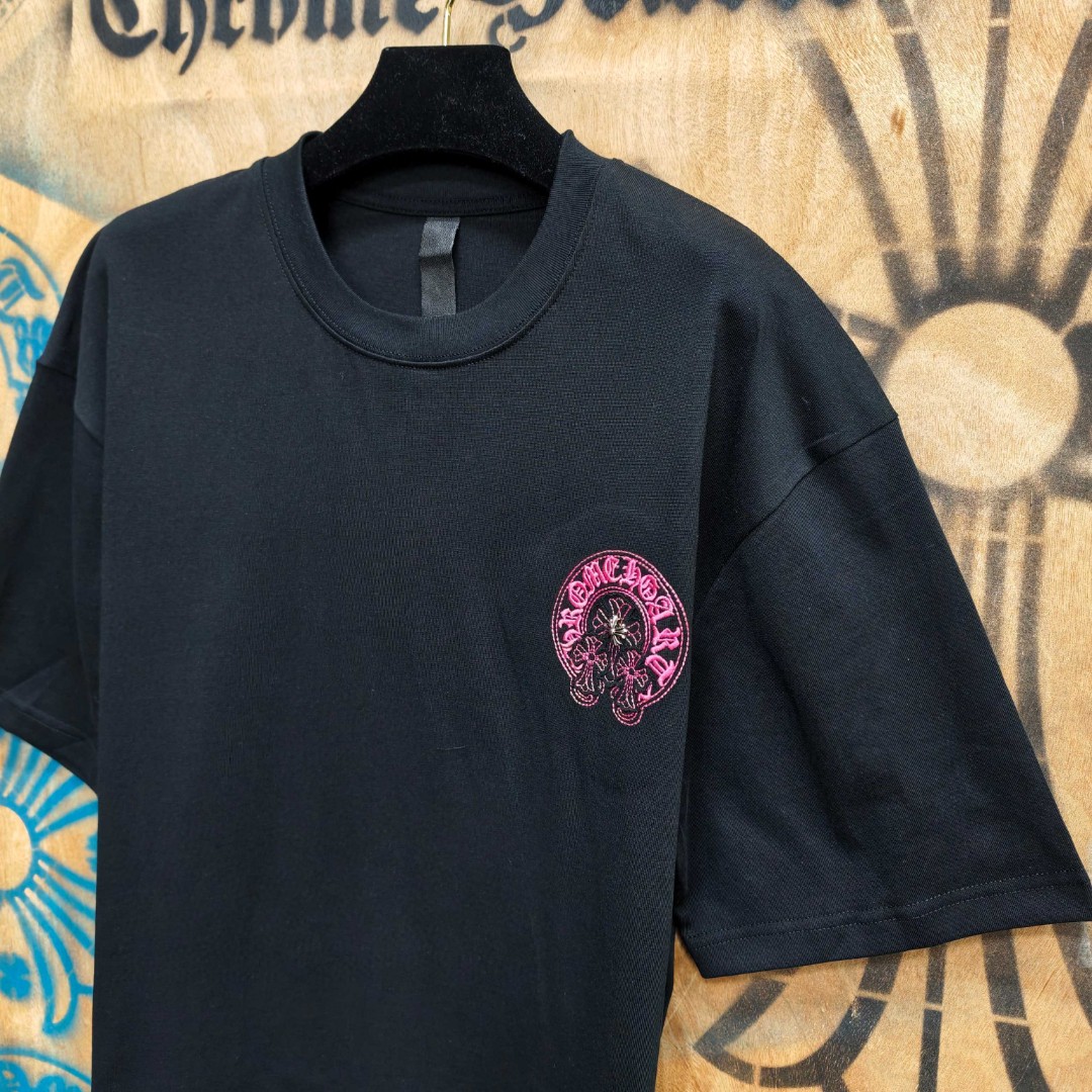 Chrome Hearts 克罗心 粉色马蹄立体绣花圆领短袖 T恤 白色 黑色 A0