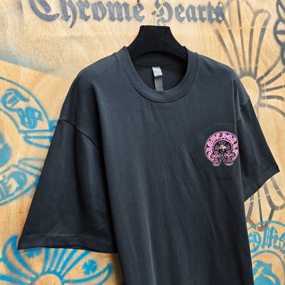 Chrome Hearts 克罗心 粉色马蹄立体绣花圆领短袖 T恤 白色 黑色 A0