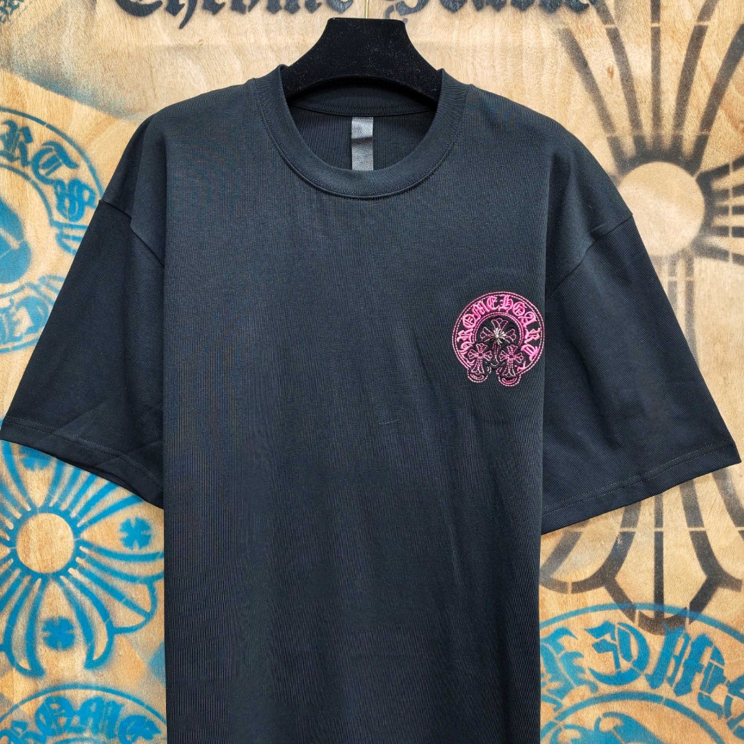 Chrome Hearts 克罗心 粉色马蹄立体绣花圆领短袖 T恤 白色 黑色 A0