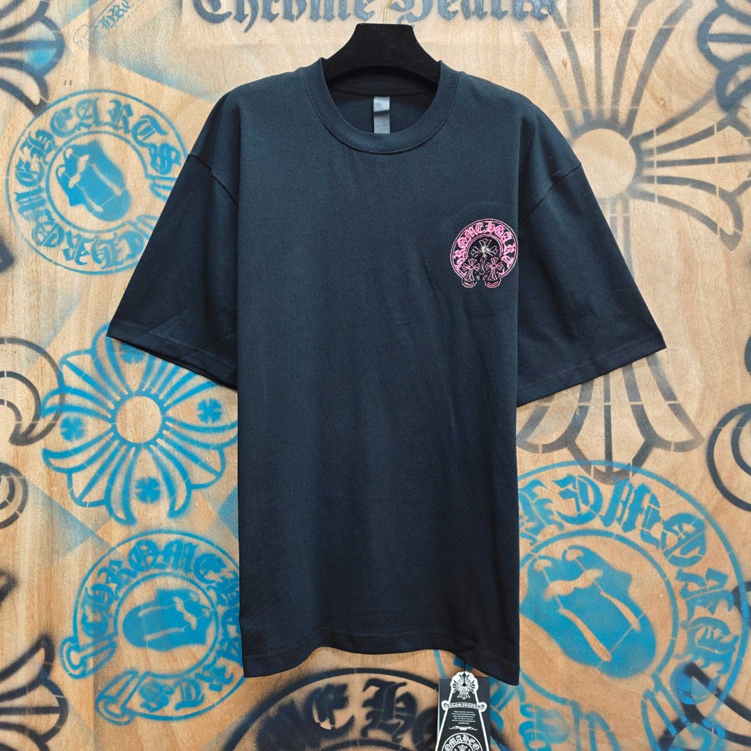Chrome Hearts 克罗心 粉色马蹄立体绣花圆领短袖 T恤 白色 黑色 A0