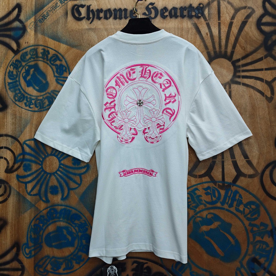 Chrome Hearts 克罗心 粉色马蹄立体绣花圆领短袖 T恤 白色 黑色 A0