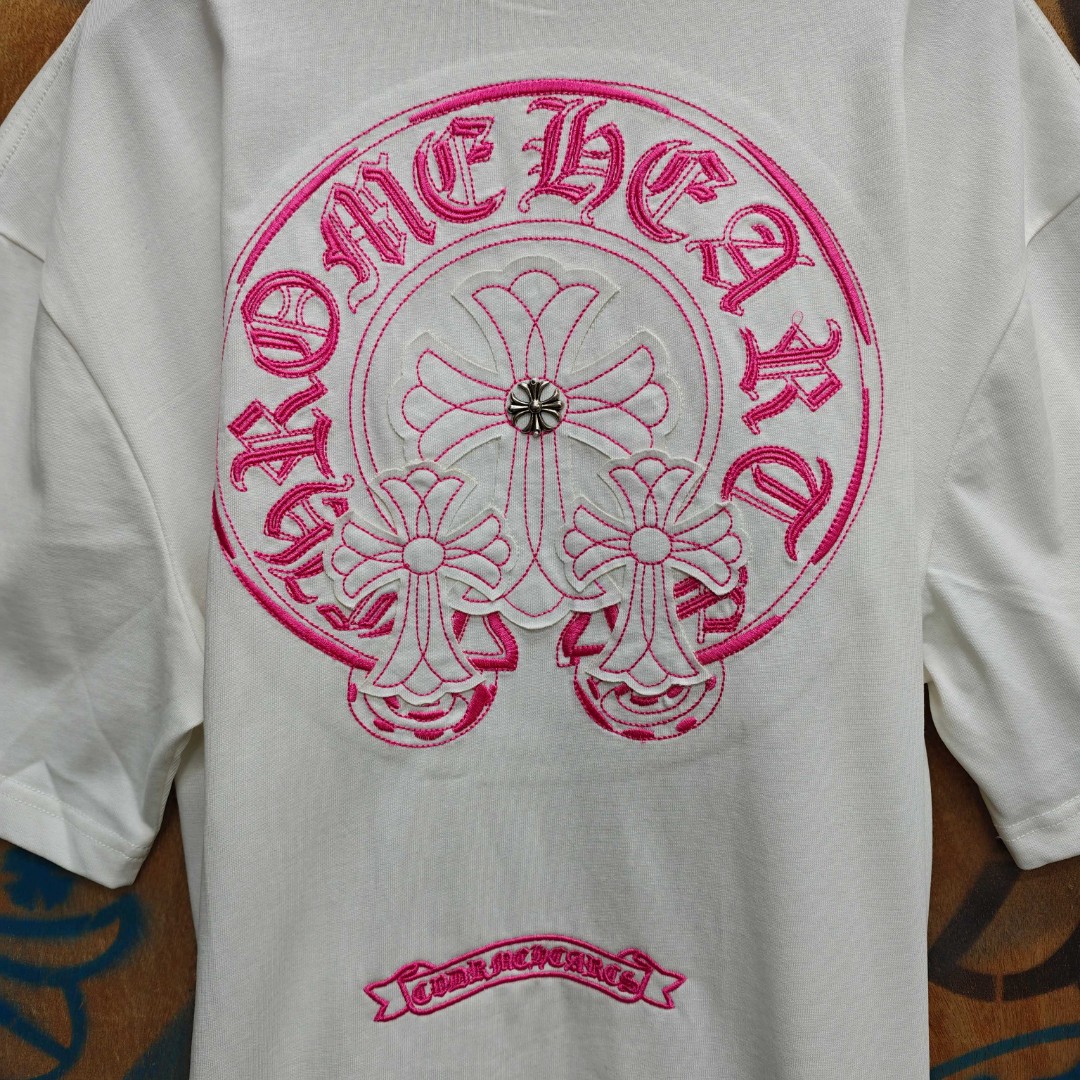 Chrome Hearts 克罗心 粉色马蹄立体绣花圆领短袖 T恤 白色 黑色 A0