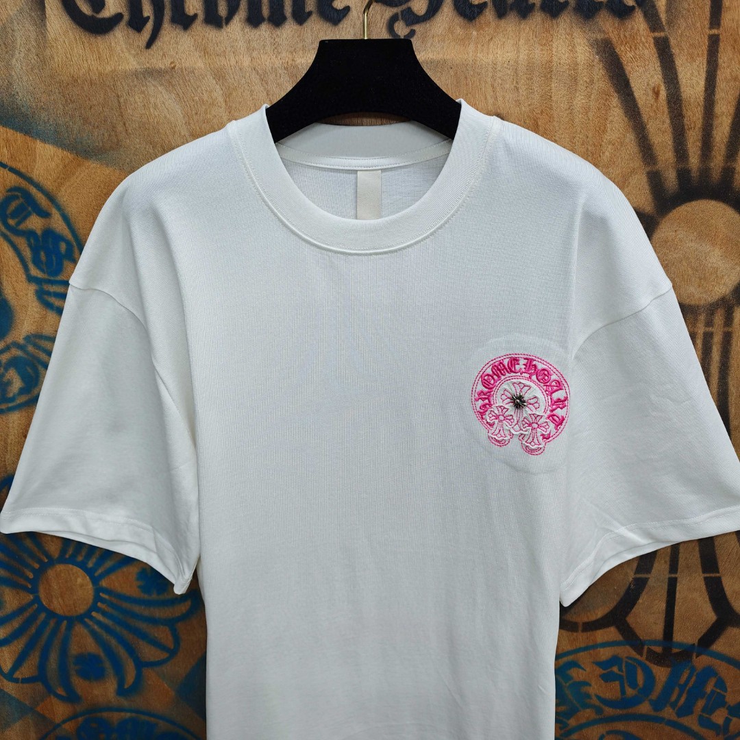 Chrome Hearts 克罗心 粉色马蹄立体绣花圆领短袖 T恤 白色 黑色 A0