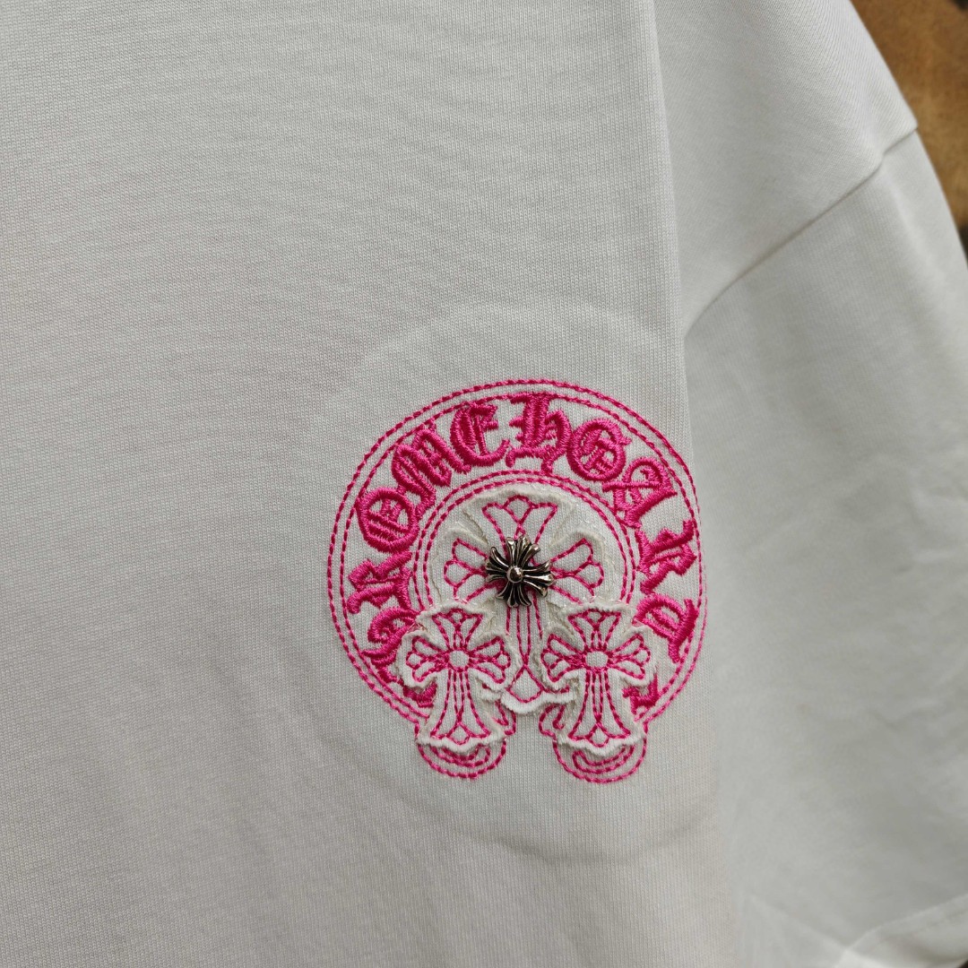 Chrome Hearts 克罗心 粉色马蹄立体绣花圆领短袖 T恤 白色 黑色 A0