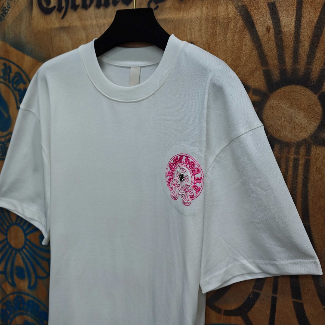 Chrome Hearts 克罗心 粉色马蹄立体绣花圆领短袖 T恤 白色 黑色 A0