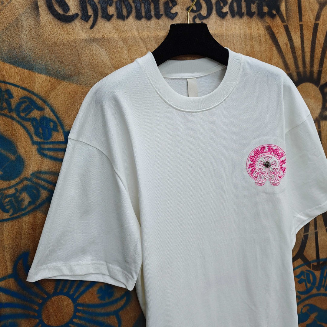 Chrome Hearts 克罗心 粉色马蹄立体绣花圆领短袖 T恤 白色 黑色 A0
