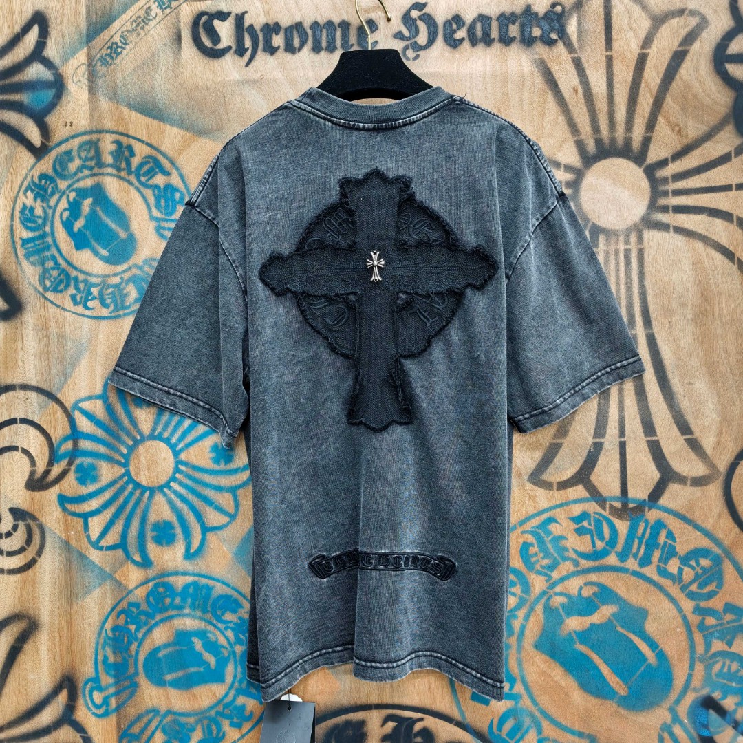 Chrome Hearts 克罗心 做旧马蹄十字架绣花圆领短袖 T恤 黑色 A0