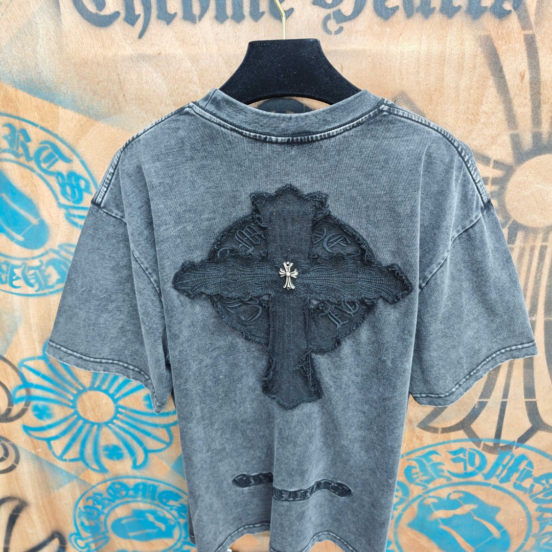 Chrome Hearts 克罗心 做旧马蹄十字架绣花圆领短袖 T恤 黑色 A0