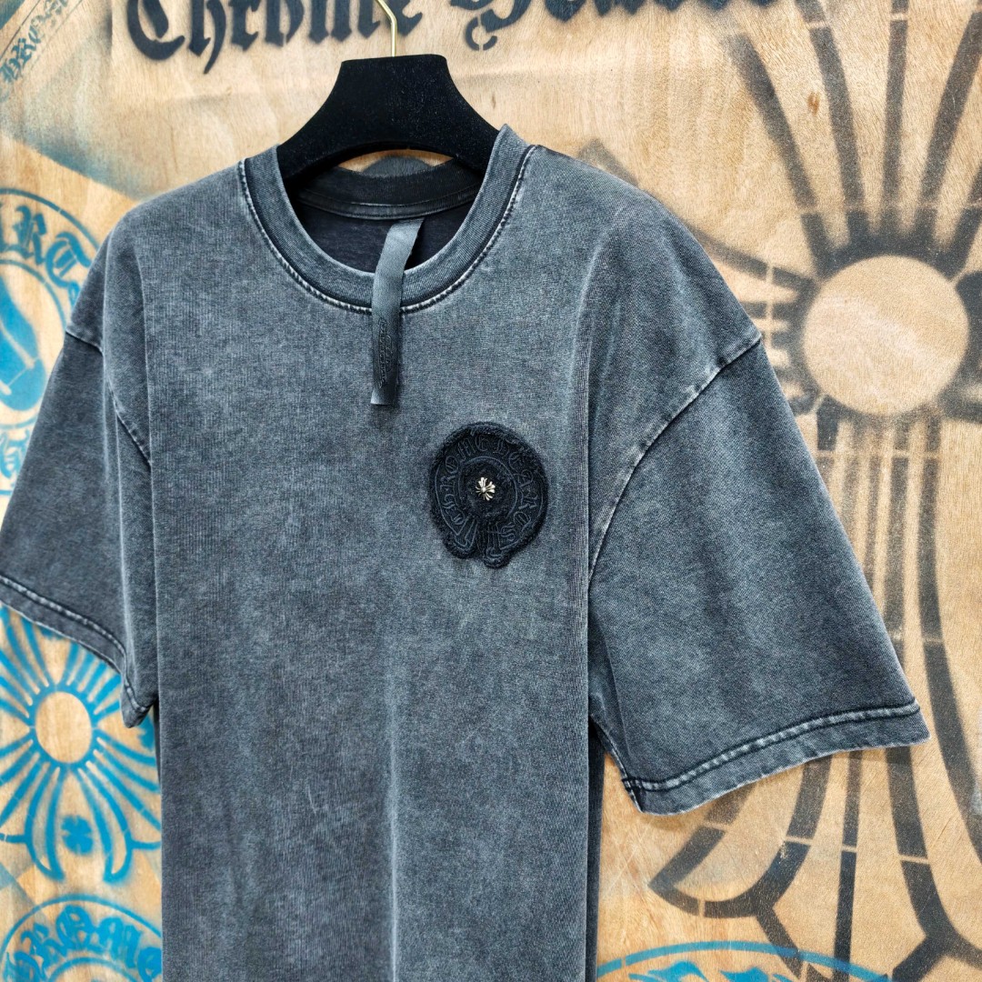Chrome Hearts 克罗心 做旧马蹄十字架绣花圆领短袖 T恤 黑色 A0