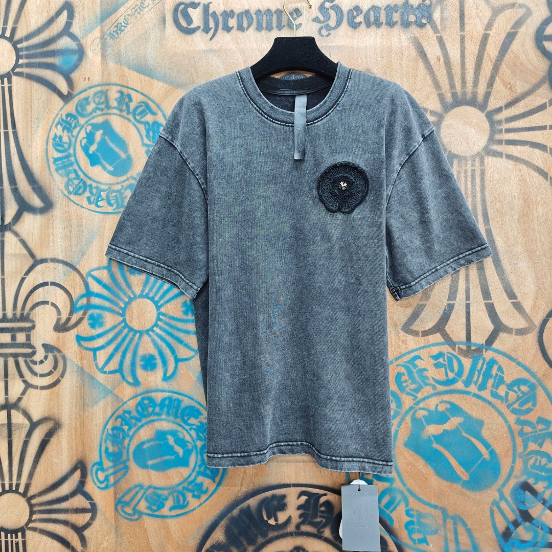 Chrome Hearts 克罗心 做旧马蹄十字架绣花圆领短袖 T恤 黑色 A0