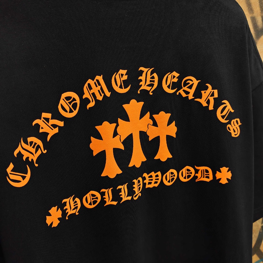 Chrome Hearts 克罗心 橙色十字架梵文印花圆领短袖 T恤 白色 黑色 A0