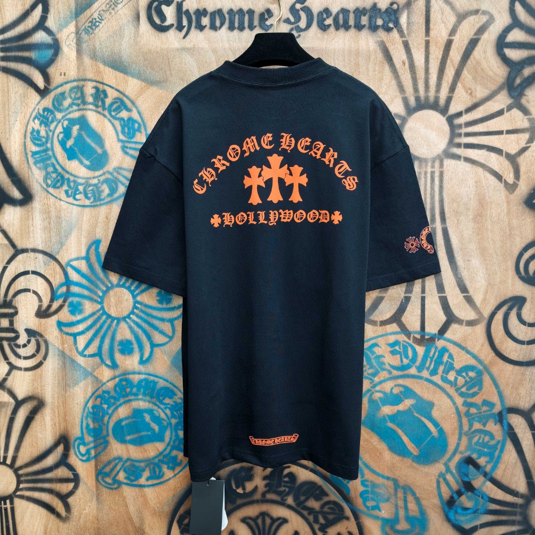 Chrome Hearts 克罗心 橙色十字架梵文印花圆领短袖 T恤 白色 黑色 A0