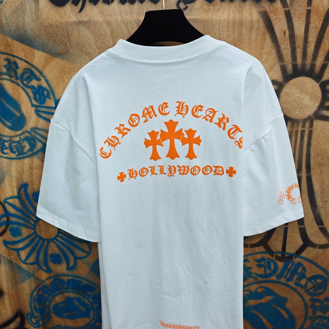 Chrome Hearts 克罗心 橙色十字架梵文印花圆领短袖 T恤 白色 黑色 A0