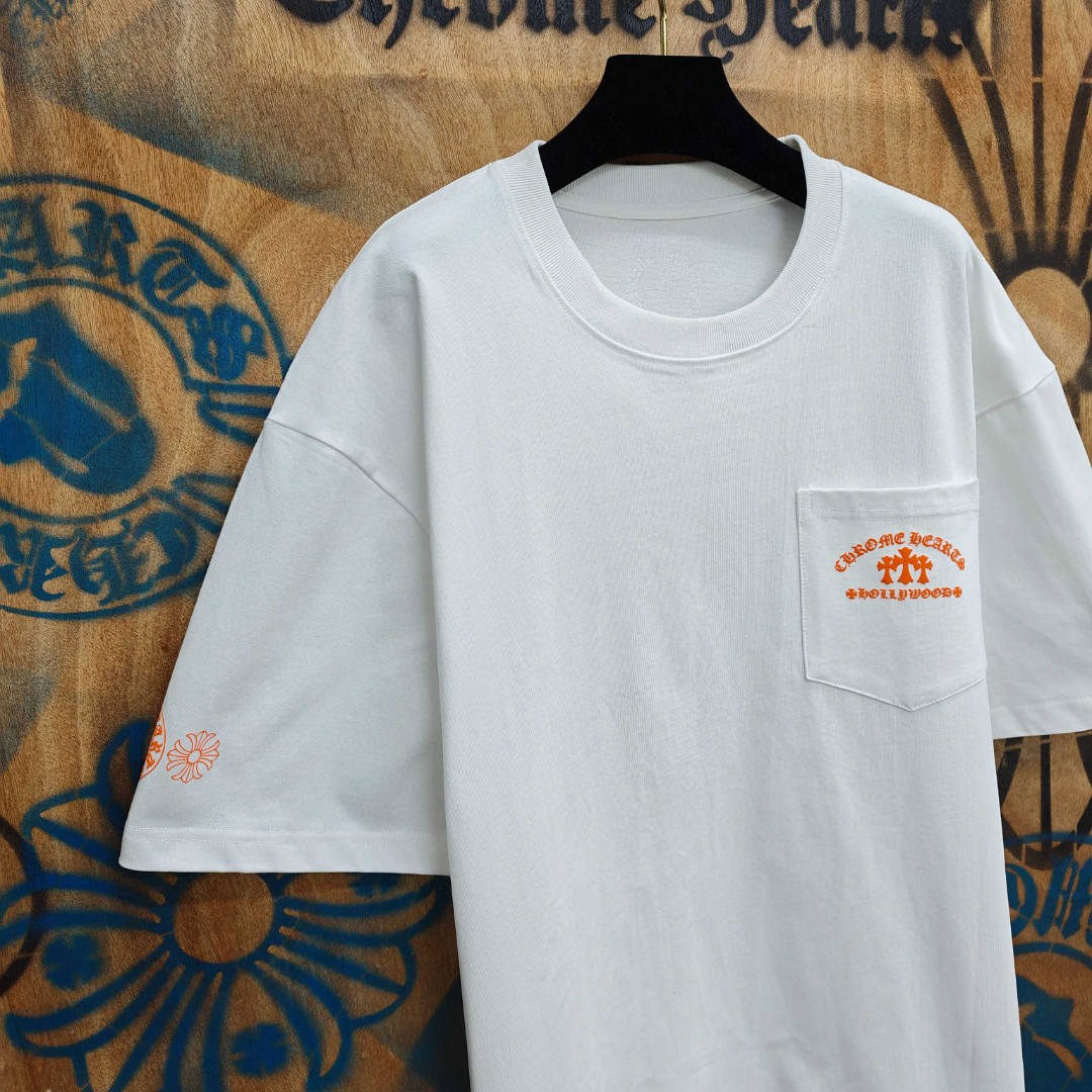 Chrome Hearts 克罗心 橙色十字架梵文印花圆领短袖 T恤 白色 黑色 A0