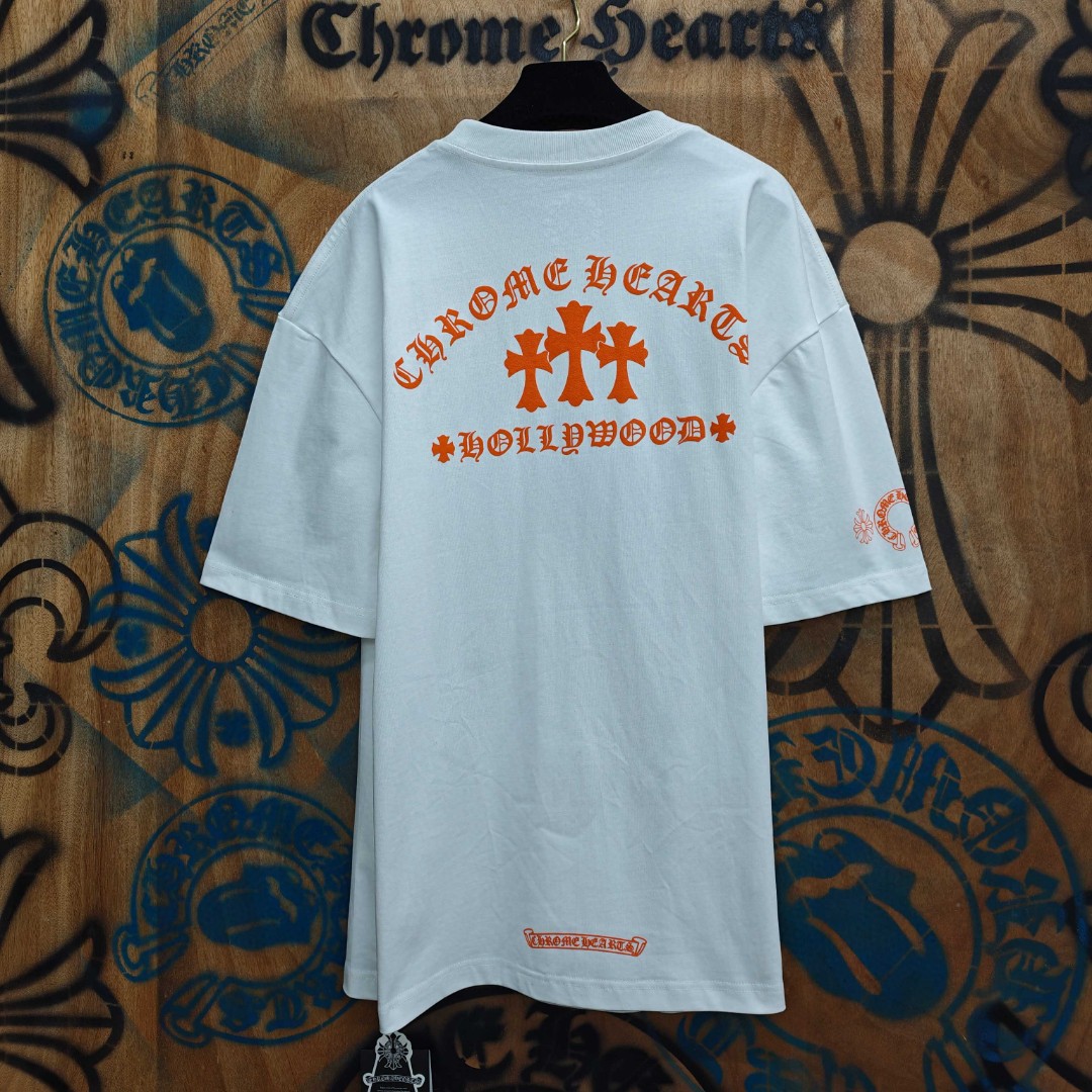 Chrome Hearts 克罗心 橙色十字架梵文印花圆领短袖 T恤 白色 黑色 A0