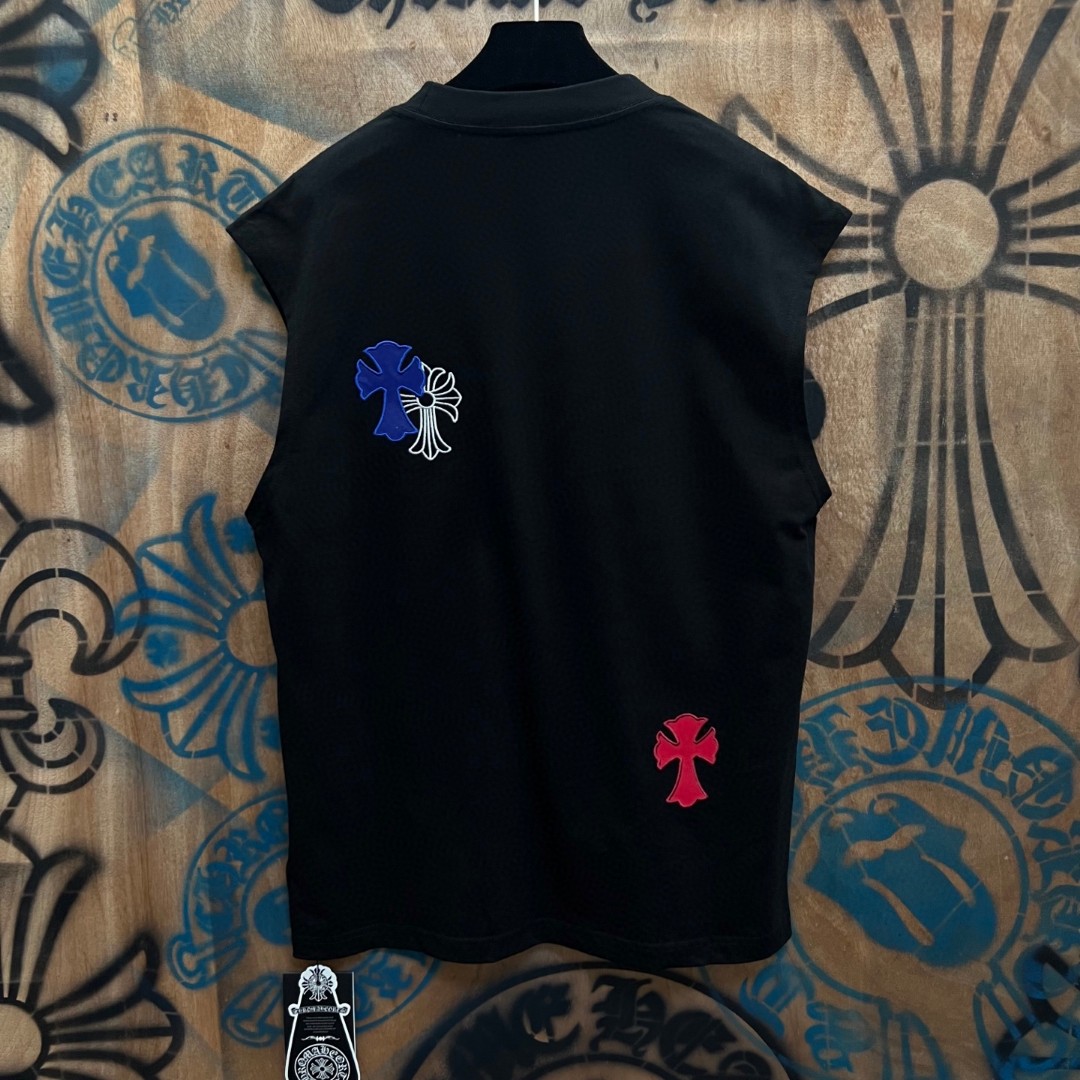 Chrome Hearts 克罗心 彩色马蹄十字架绣花圆领背心 短袖 T恤 白色 黑色 A0