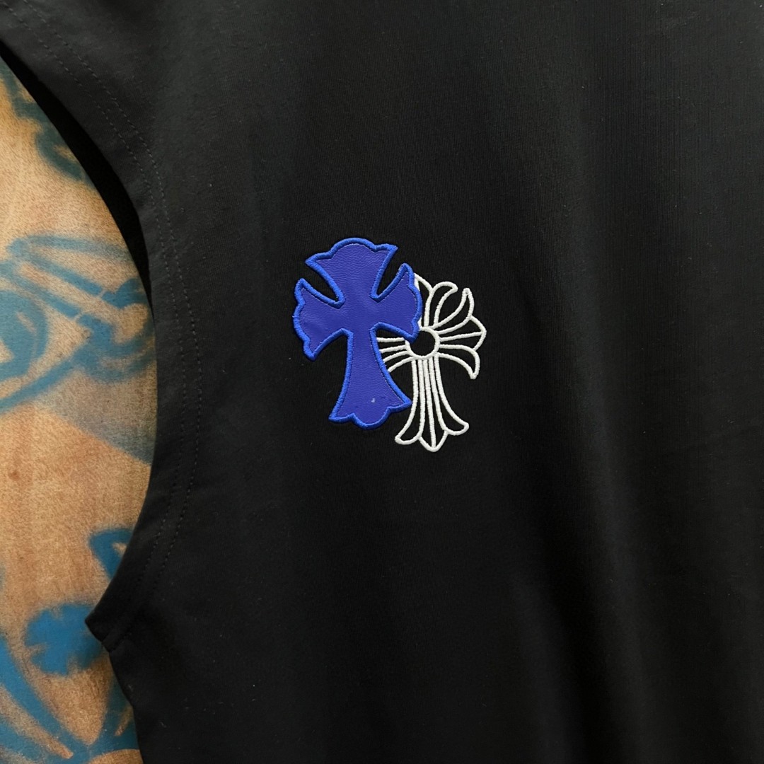 Chrome Hearts 克罗心 彩色马蹄十字架绣花圆领背心 短袖 T恤 白色 黑色 A0