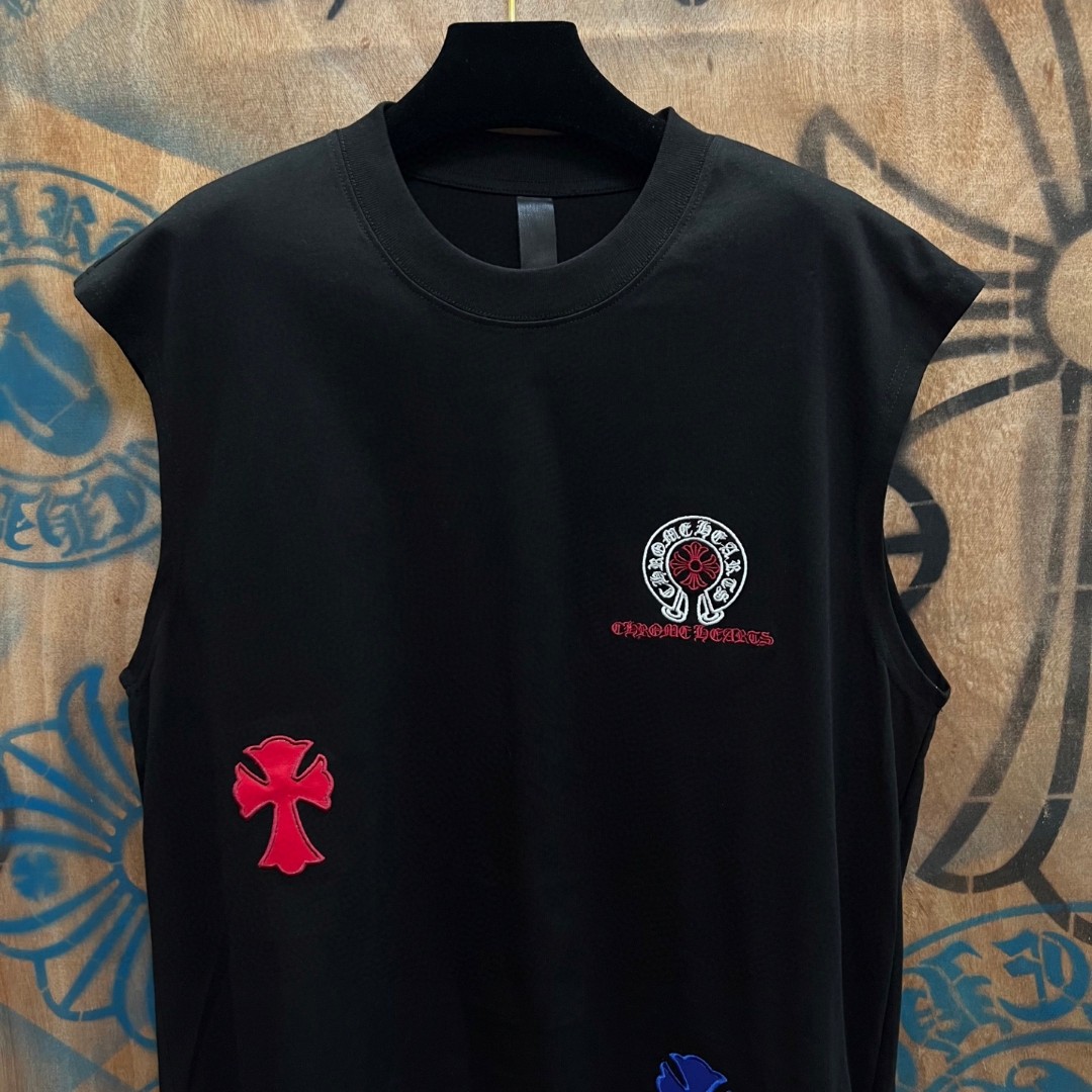 Chrome Hearts 克罗心 彩色马蹄十字架绣花圆领背心 短袖 T恤 白色 黑色 A0