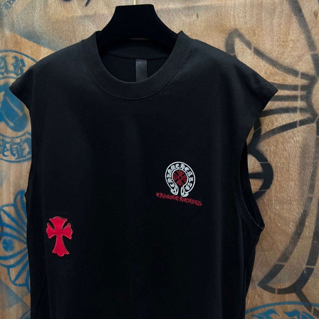 Chrome Hearts 克罗心 彩色马蹄十字架绣花圆领背心 短袖 T恤 白色 黑色 A0