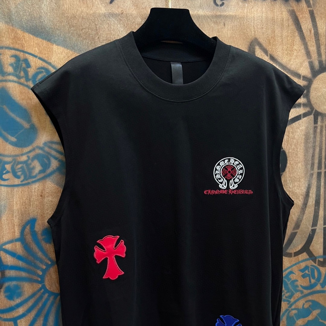Chrome Hearts 克罗心 彩色马蹄十字架绣花圆领背心 短袖 T恤 白色 黑色 A0