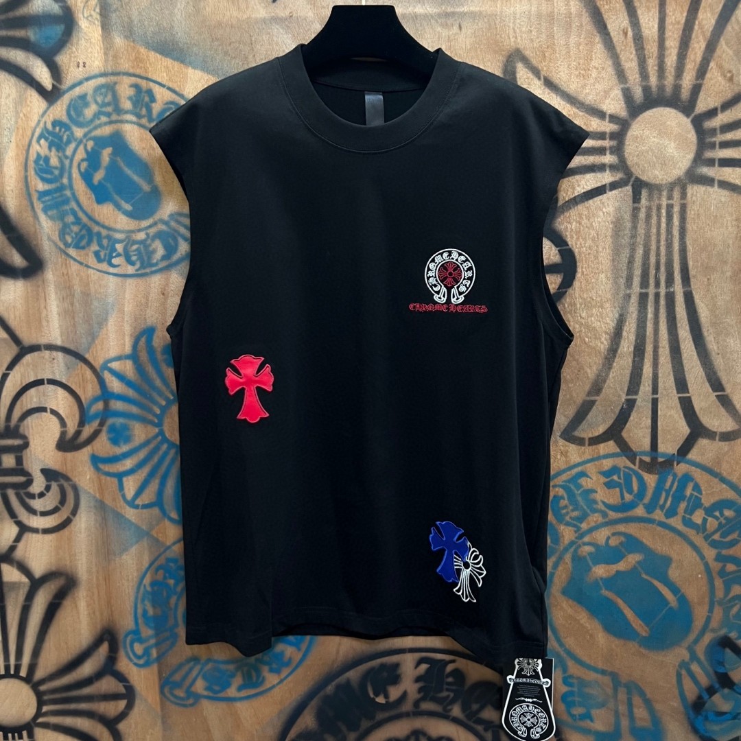 Chrome Hearts 克罗心 彩色马蹄十字架绣花圆领背心 短袖 T恤 白色 黑色 A0