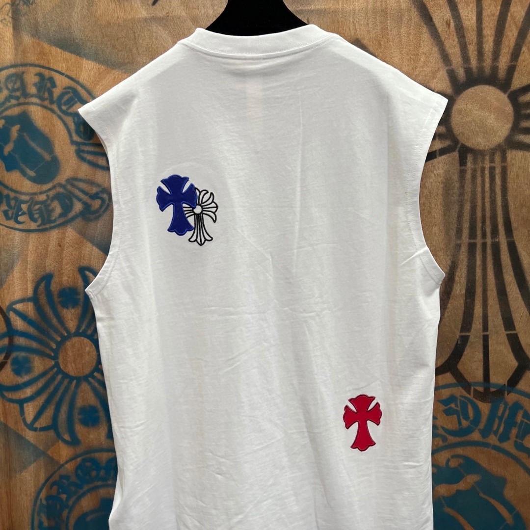Chrome Hearts 克罗心 彩色马蹄十字架绣花圆领背心 短袖 T恤 白色 黑色 A0
