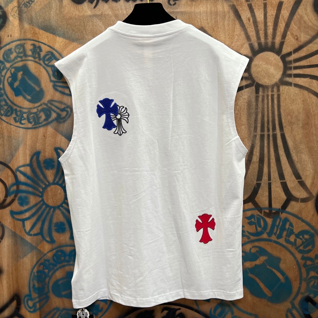 Chrome Hearts 克罗心 彩色马蹄十字架绣花圆领背心 短袖 T恤 白色 黑色 A0