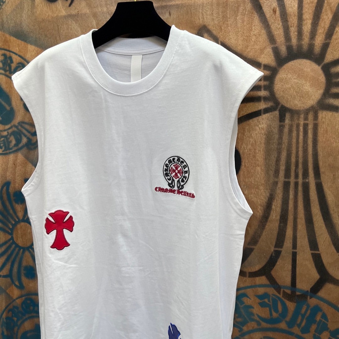 Chrome Hearts 克罗心 彩色马蹄十字架绣花圆领背心 短袖 T恤 白色 黑色 A0