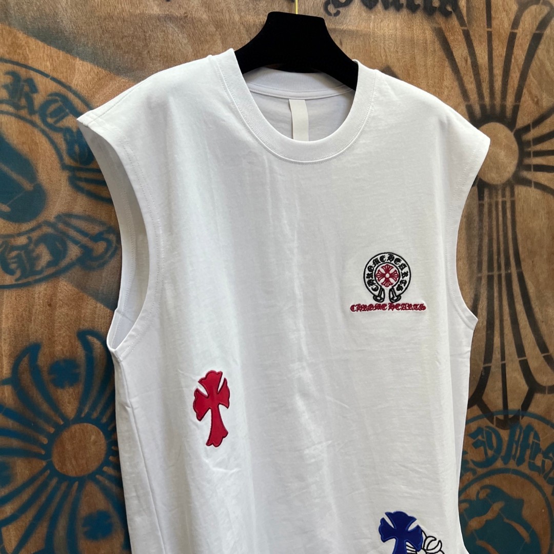 Chrome Hearts 克罗心 彩色马蹄十字架绣花圆领背心 短袖 T恤 白色 黑色 A0
