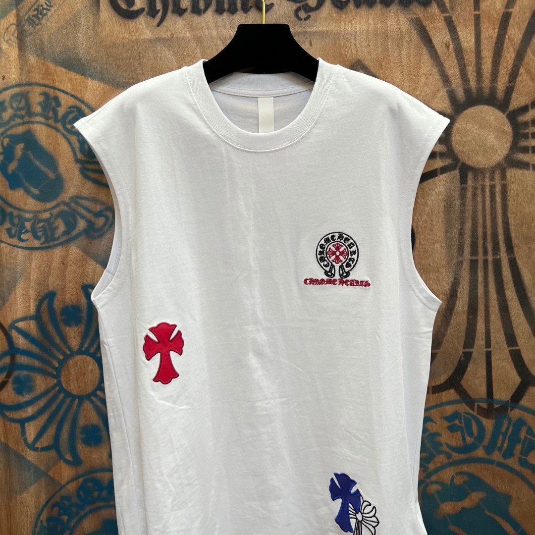 Chrome Hearts 克罗心 彩色马蹄十字架绣花圆领背心 短袖 T恤 白色 黑色 A0