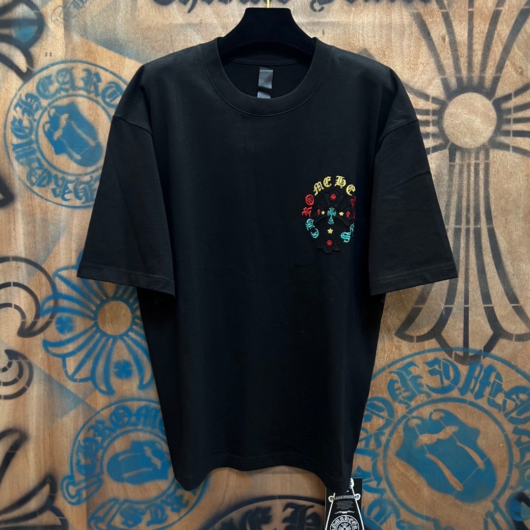 Chrome Hearts 克罗心 彩色十字架梵文绣花圆领短袖 T恤 黑色 A0