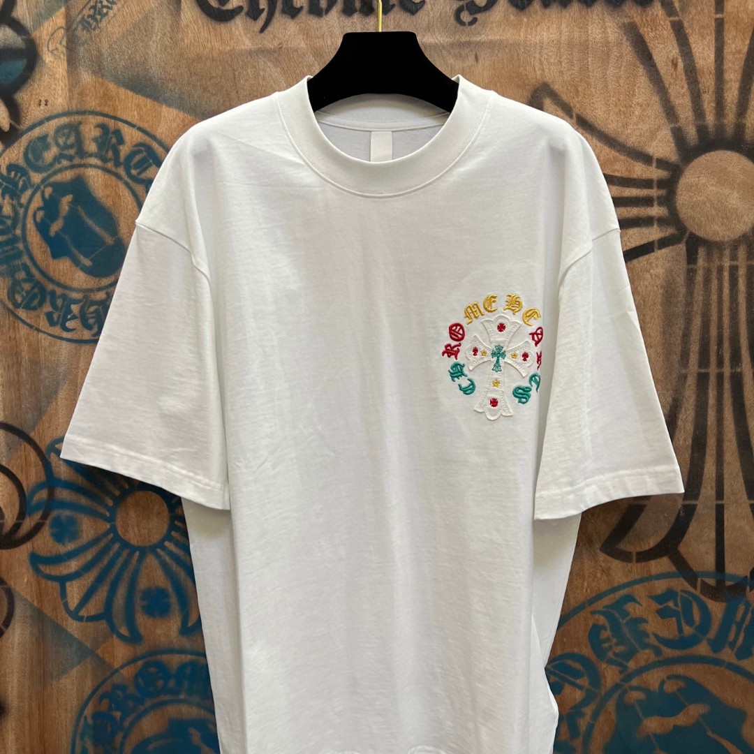 Chrome Hearts 克罗心 彩色十字架梵文绣花圆领短袖 T恤 白色 A0