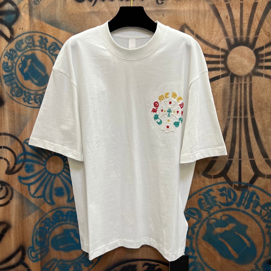 Chrome Hearts 克罗心 彩色十字架梵文绣花圆领短袖 T恤 白色 A0