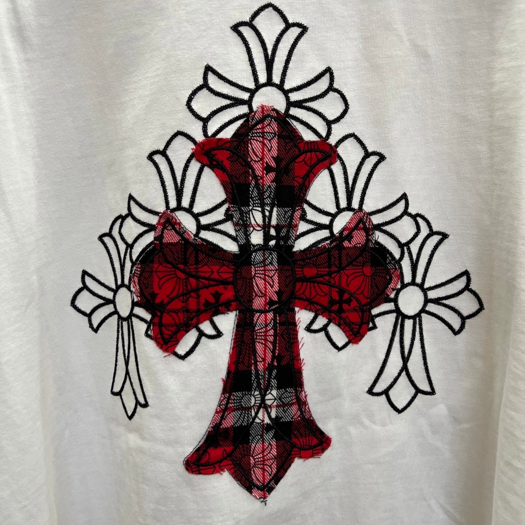 Chrome Hearts 克罗心 袖子拼接红色格纹十字架绣花圆领短袖 T恤 白色 黑色 A0