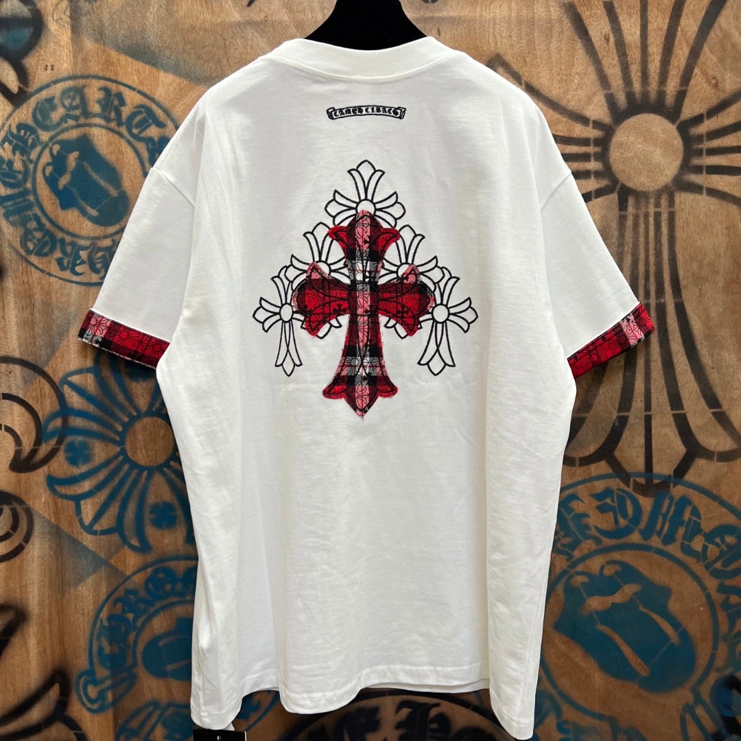 Chrome Hearts 克罗心 袖子拼接红色格纹十字架绣花圆领短袖 T恤 白色 黑色 A0