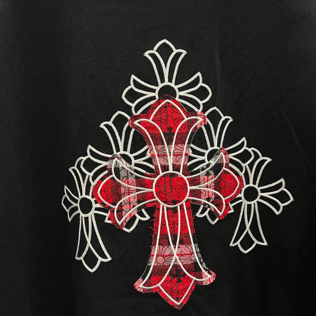 Chrome Hearts 克罗心 袖子拼接红色格纹十字架绣花圆领短袖 T恤 白色 黑色 A0