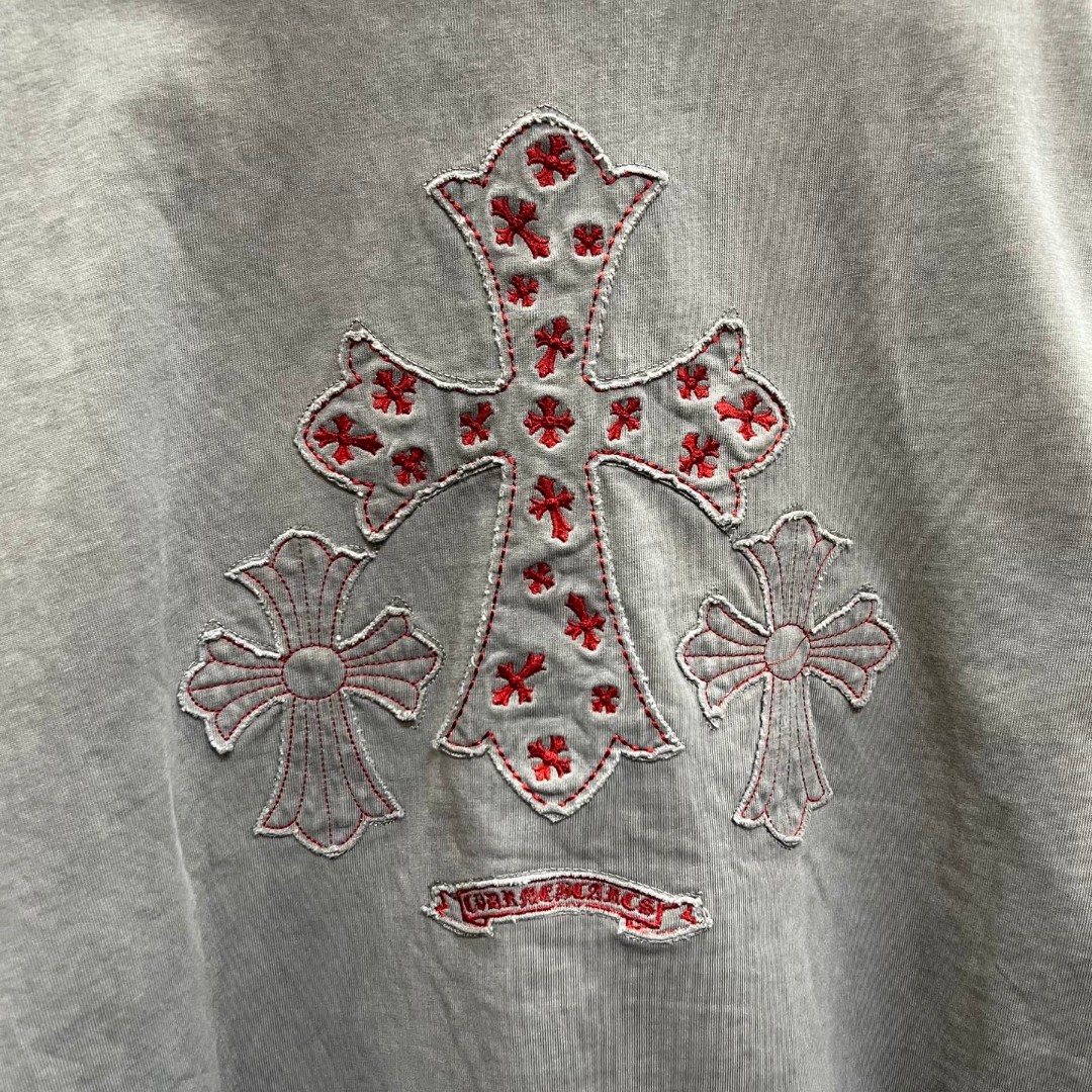 Chrome Hearts 克罗心 做旧红色十字架绣花圆领短袖 T恤 灰色 A0